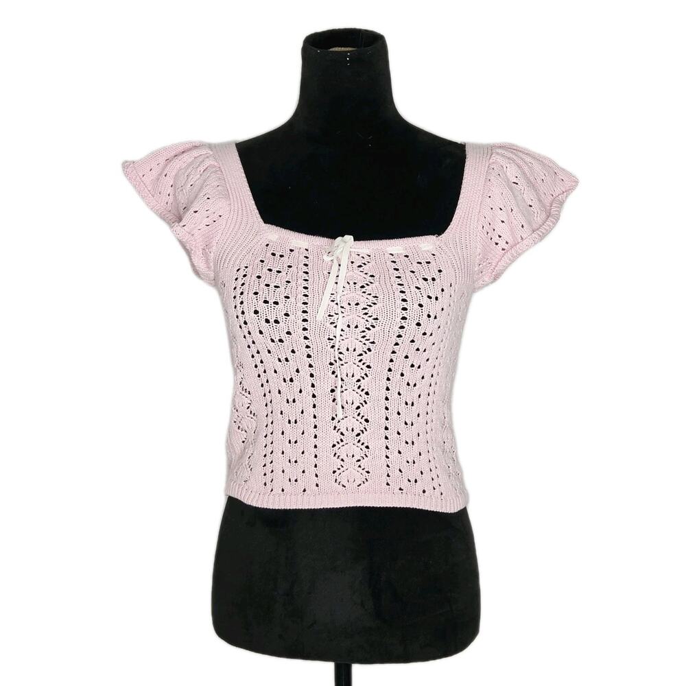 Haute Hippie Pink Pointelle Knit Crop Top Flutter Sleeve Balletcore Coquette XS